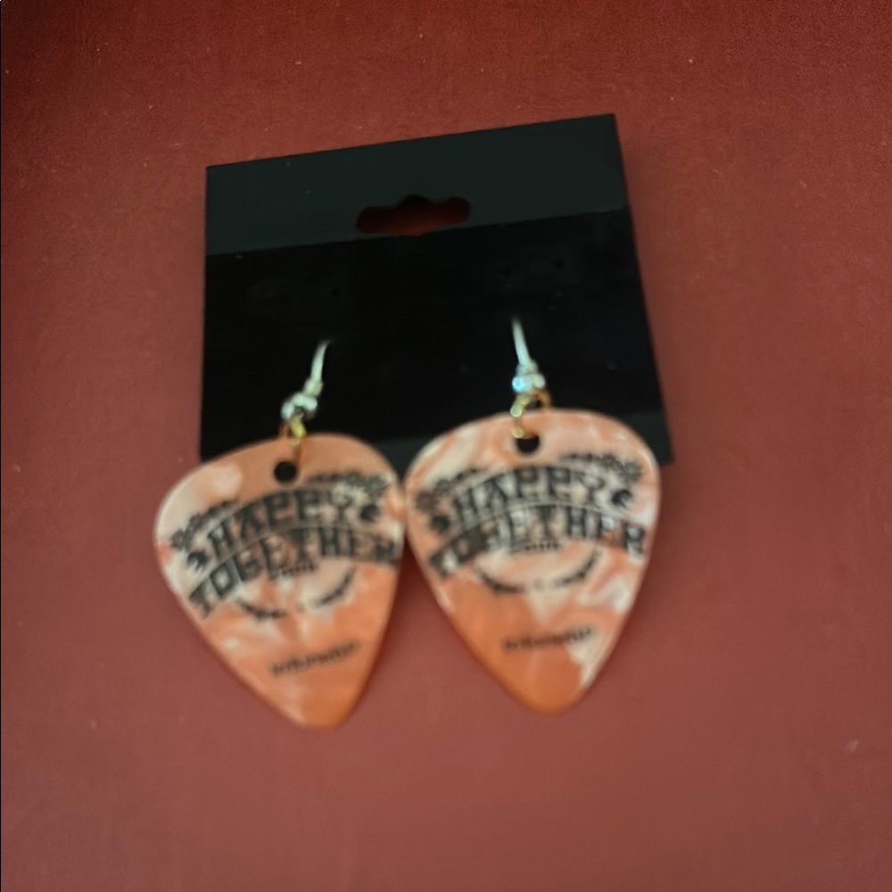 Happy Together Tour Orange Guitar Pick Earrings with Black Text